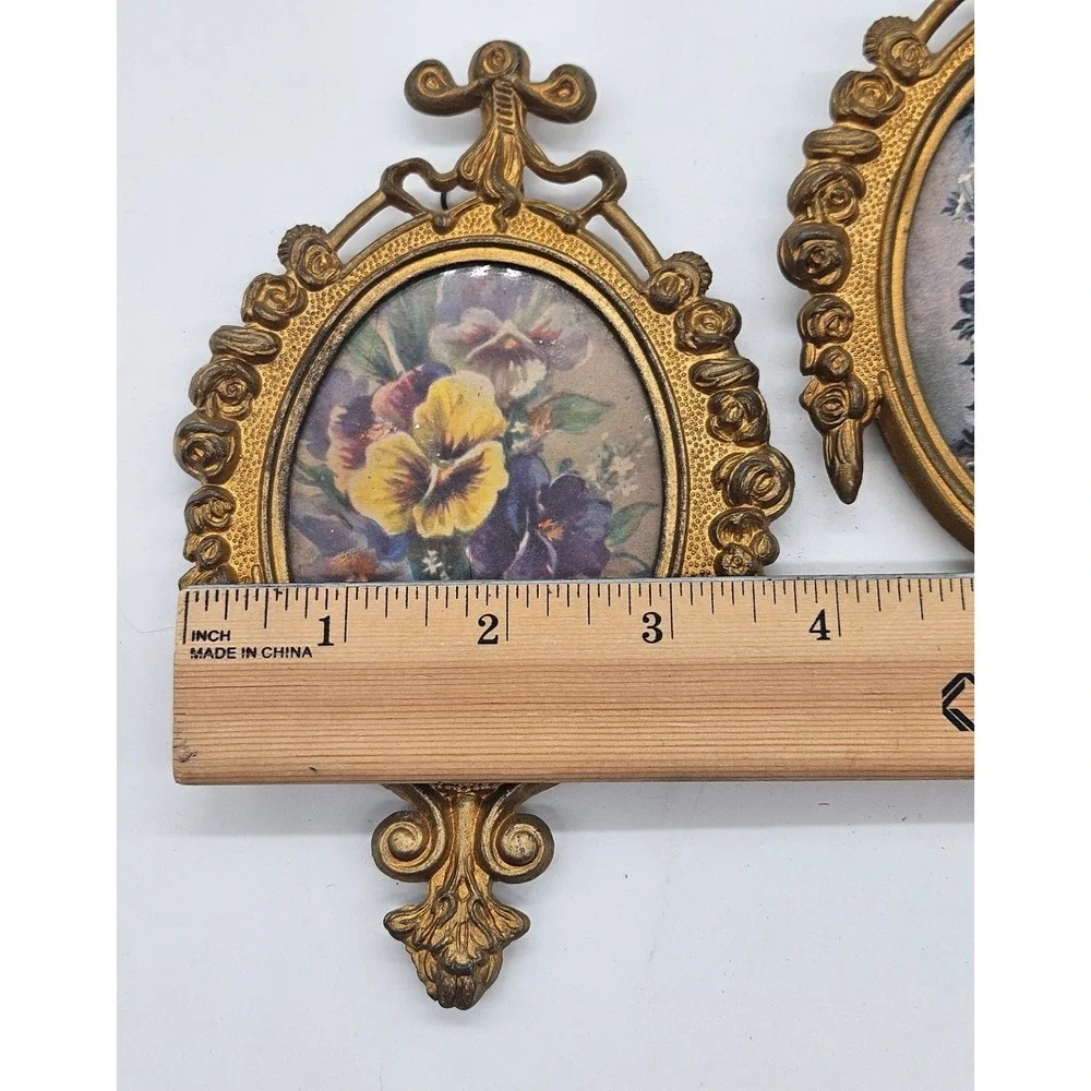 Vintage Ornate Gold Floral Wall Art Set of 2 Oval Frames Pansies Roses 6in